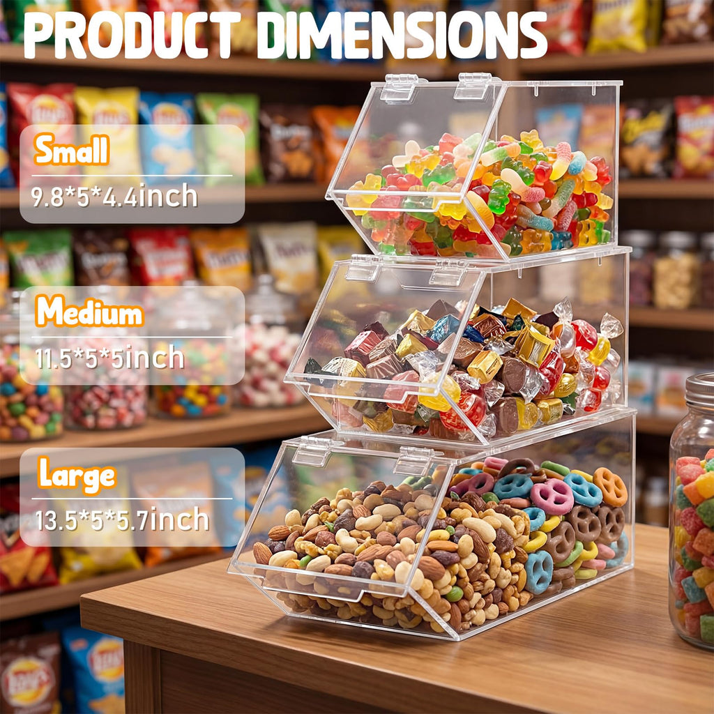 Set of 3 Stackable Candy Bins, Acrylic Pantry Storage, 3 Sizes