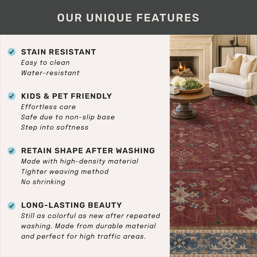 Boho Washable 3x16 Extra Long Hallway Runner Rug, Burgundy Waterproof Large Kitchen Floor Rug Indoor, Non-Slip Stain