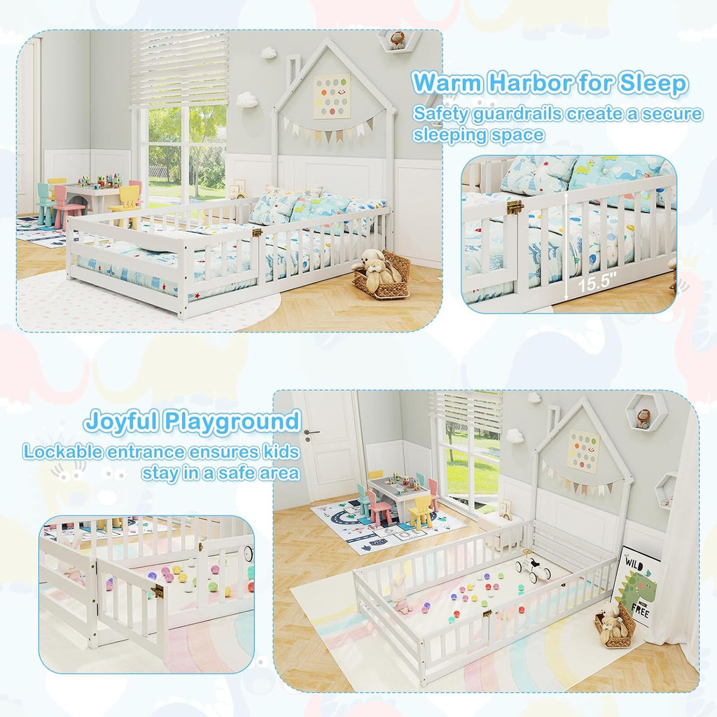 Floor Bed, House-Shaped Montessori Bed Frame with Headboard, Full-Length Guardrail, Chimney & Solid Wood