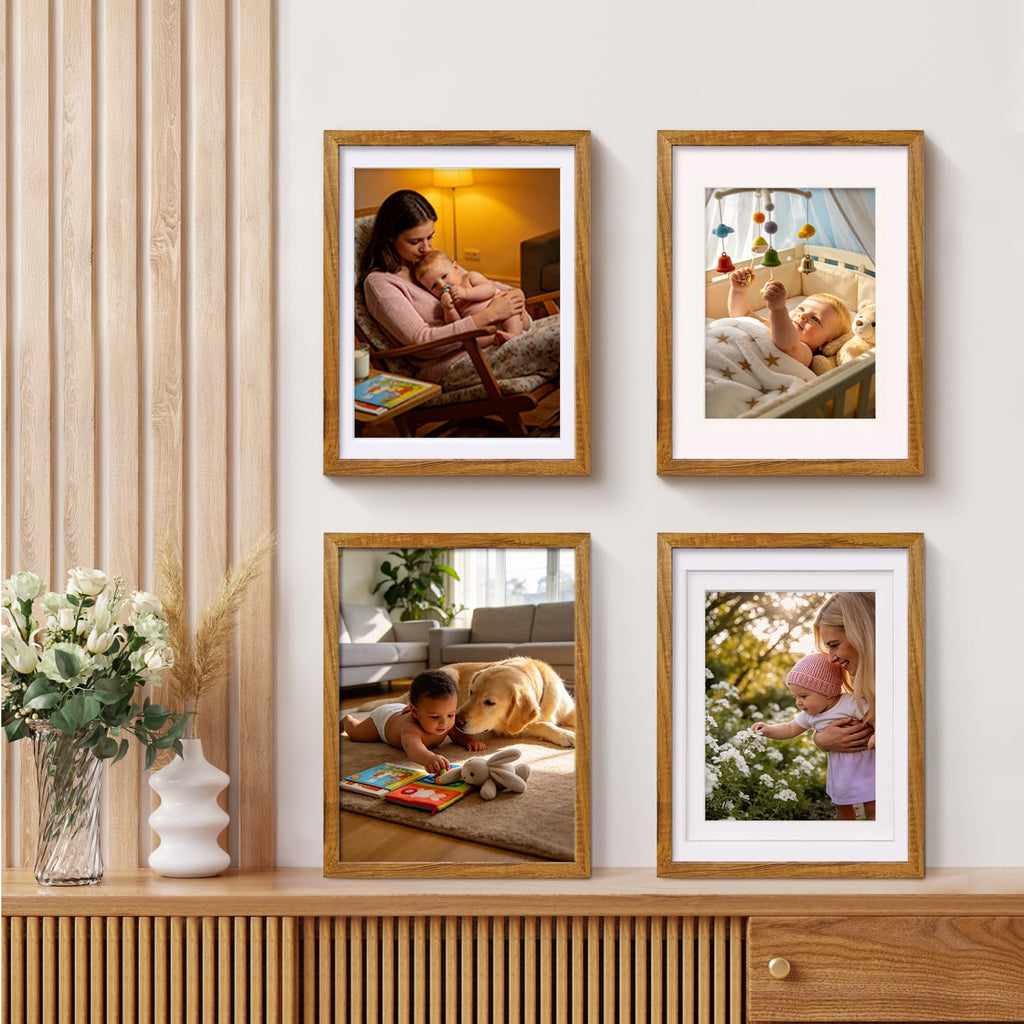 11x14 Picture Frames Made of Solid Wood with Plexiglass Set of 4, Display Pictures 5x7/8x10 with Mat or 11x14 Without