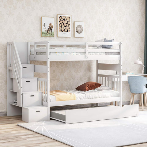 Stairway Twin Over Full Bunk Bed with Twin Trundle and Drawers