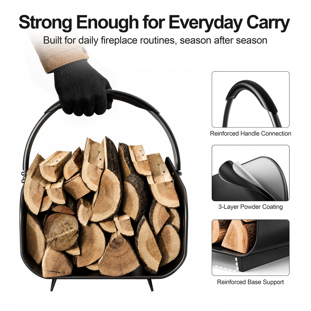Firewood Basket with Handles, Metal Firewood Holder for Indoor Fireplace