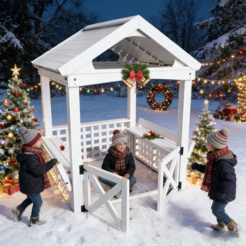Large Outdoor Wooden Playhouse for Kids Ages 2-8 Waterproof White Playhouse with Built-in Bench & Door 52" x44"