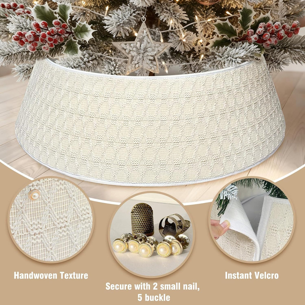 28 Inch Knit Christmas Tree Skirt, Cream White Boho Christmas Tree Collar