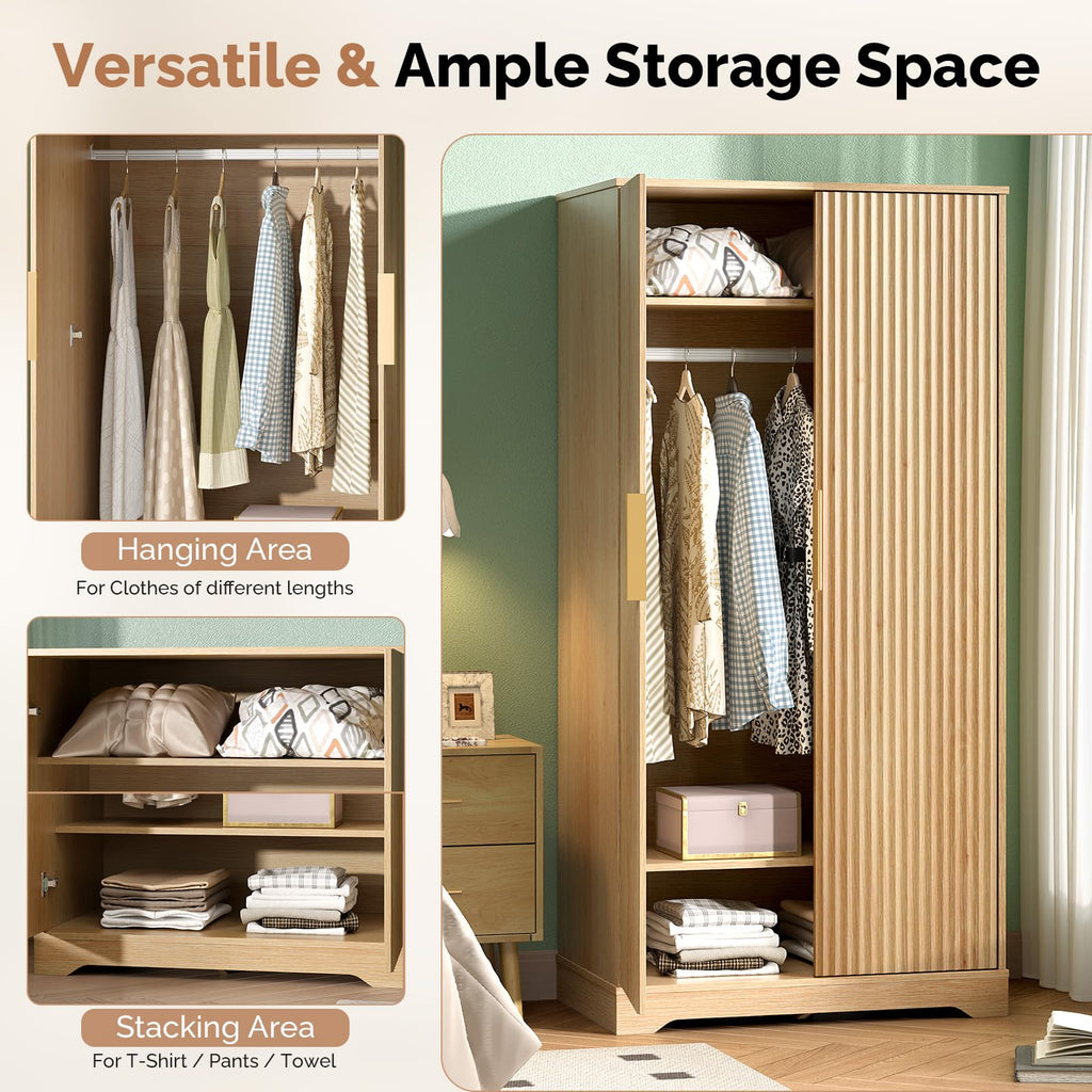 Armoire Wardrobe Closet with Doors, Fluted Wardrobe Armoire, Wooden Closet