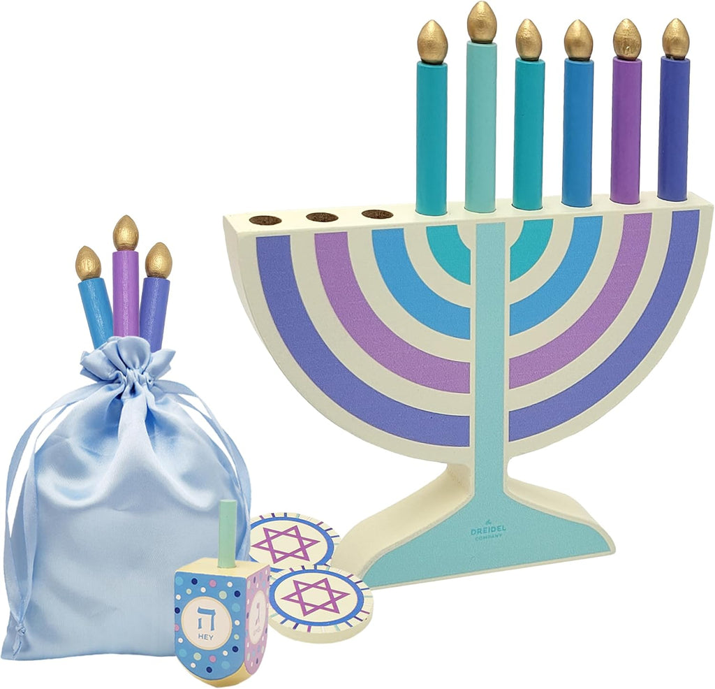 Mini Pastel Hanukkah , 2-Pack 5" Inch Children Wooden Chanukah Set with Removable Wooden Candles, 3" Inch Dreidel - Set of 2