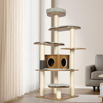 Solid Wood Cat Tree, 69" Large Tall Cat Tower Multi-Level Platforms with Sisal Scratching Posts, Cat Tree for Large