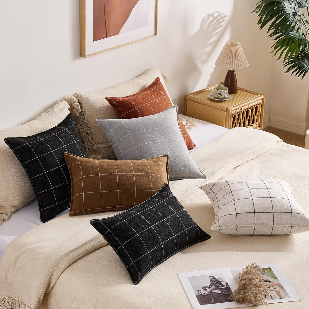 Terracotta Rust Plaid Boho Linen Woven Throw Pillow Covers 20x20 Set of 2