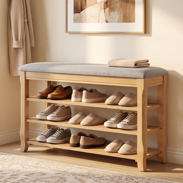 Solid Wood Shoe Bench, 31.5" Shoe Rack Storage