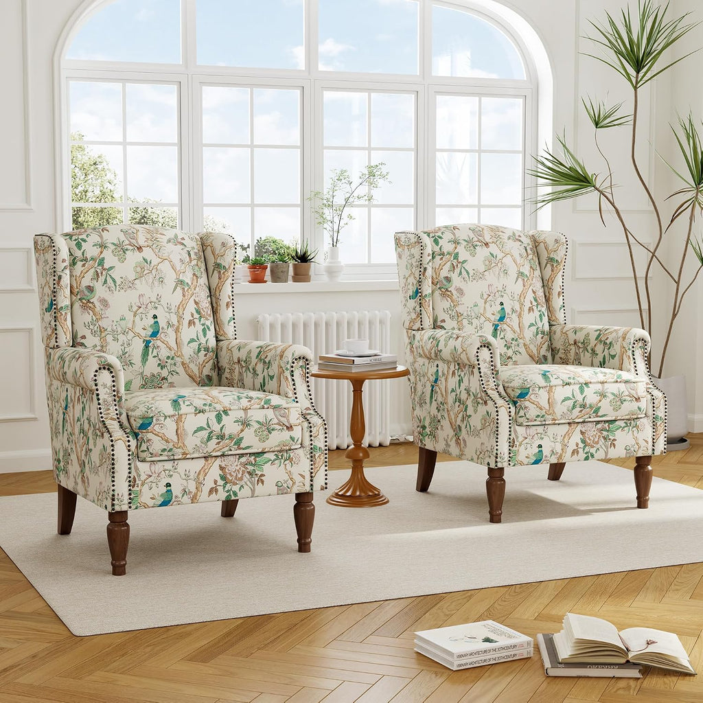 Wingback Accent Chair with Wood Legs, Bird, Set of 1 | High Back with Side Wings | Armrest Nailhead Trim | Solid Wood