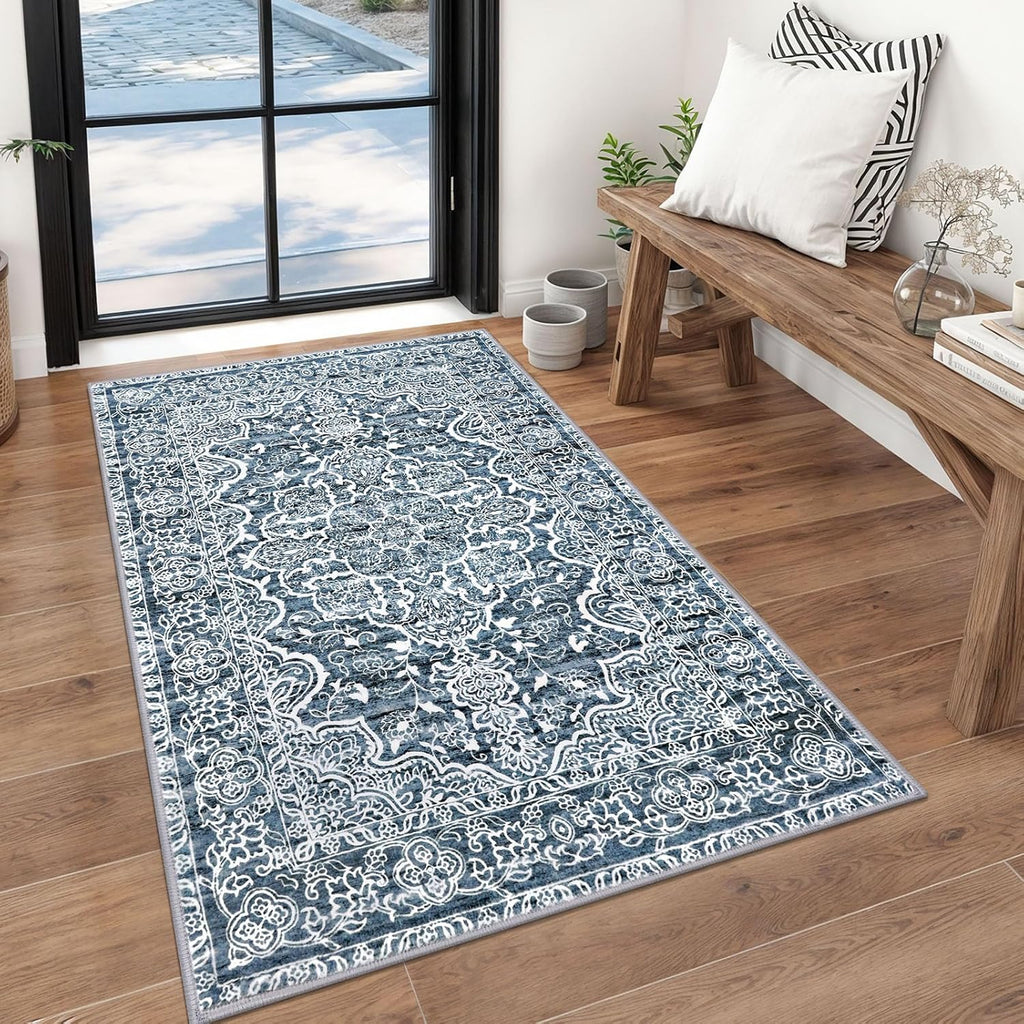 3x5 Entryway Rug Non-Slip Washable Area Rugs, Vintage Floral Kitchen Rugs Blue White, Ultra Soft Pri