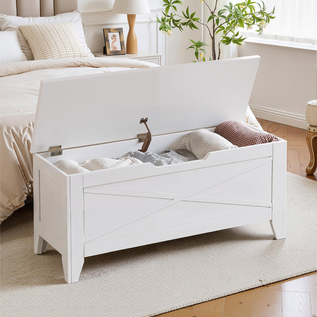 43.3" Storage Bench with Handwoven Wicker Cushion, Lift Top Shoe Bench with Safety Hinges, Ideal, White