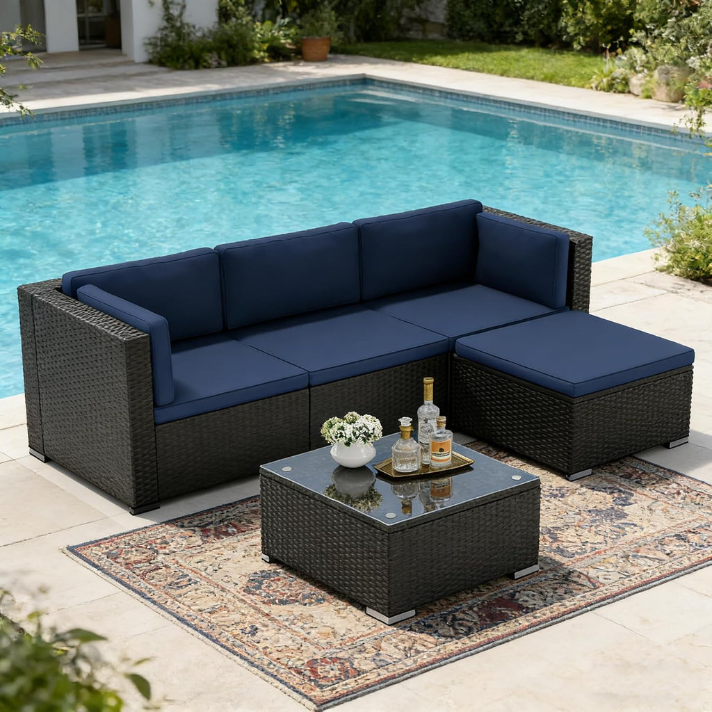 5-Piece Outdoor Patio Furniture Set, All-Weather PE Rattan Sectional Sofa with Ottoman, Glass Coffee Table &