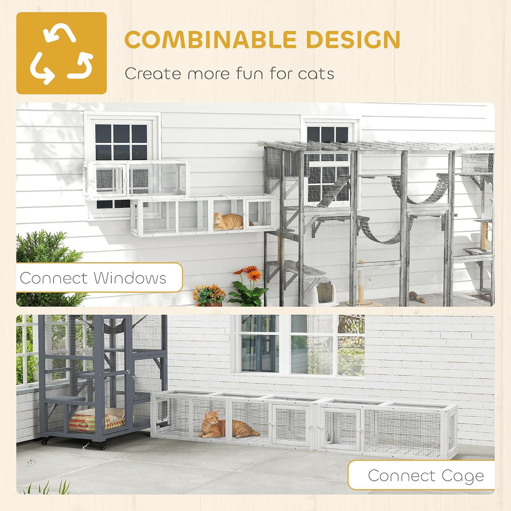 Outdoor Cat Tunnel, 98-Inch Wooden Catio Walkway with 8 Access Doors, Combinable Pet Enclosure Run for Cats