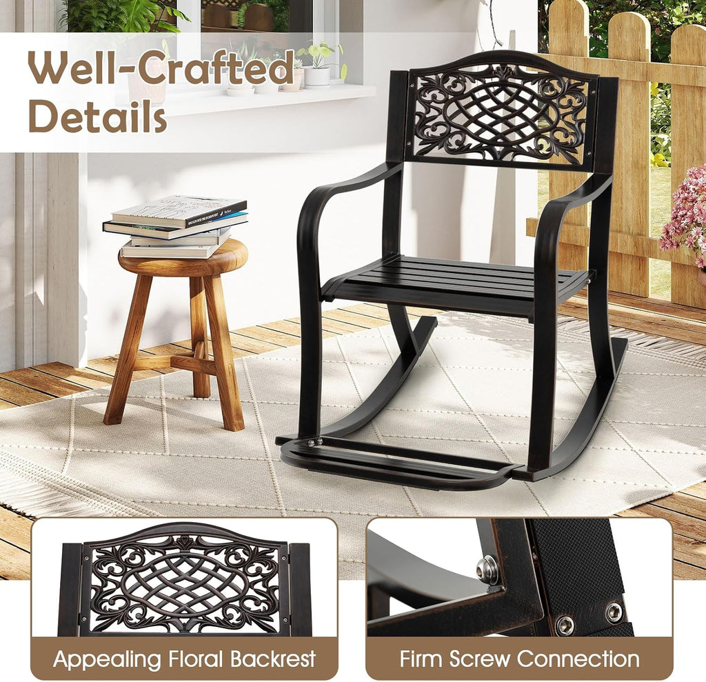 Patio Rocking Chair, Outdoor Cast Aluminum Rocker w/Footrest, Backrest & Curved Armrests, Heavy-Duty Metal Classic