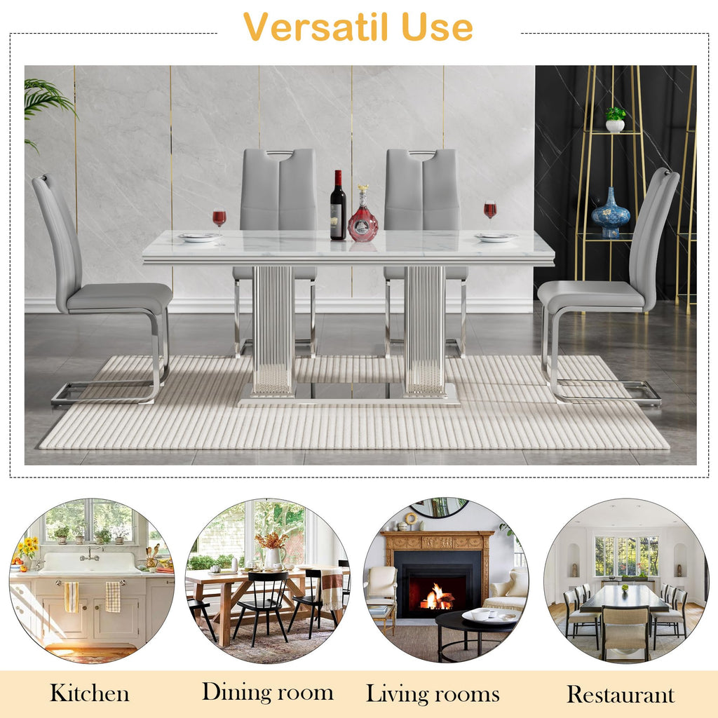 Marble Dining Table for 6-8 Modern Kitchen Table with Silver Stainless Steel Double Column Pedestal Luxury 70""