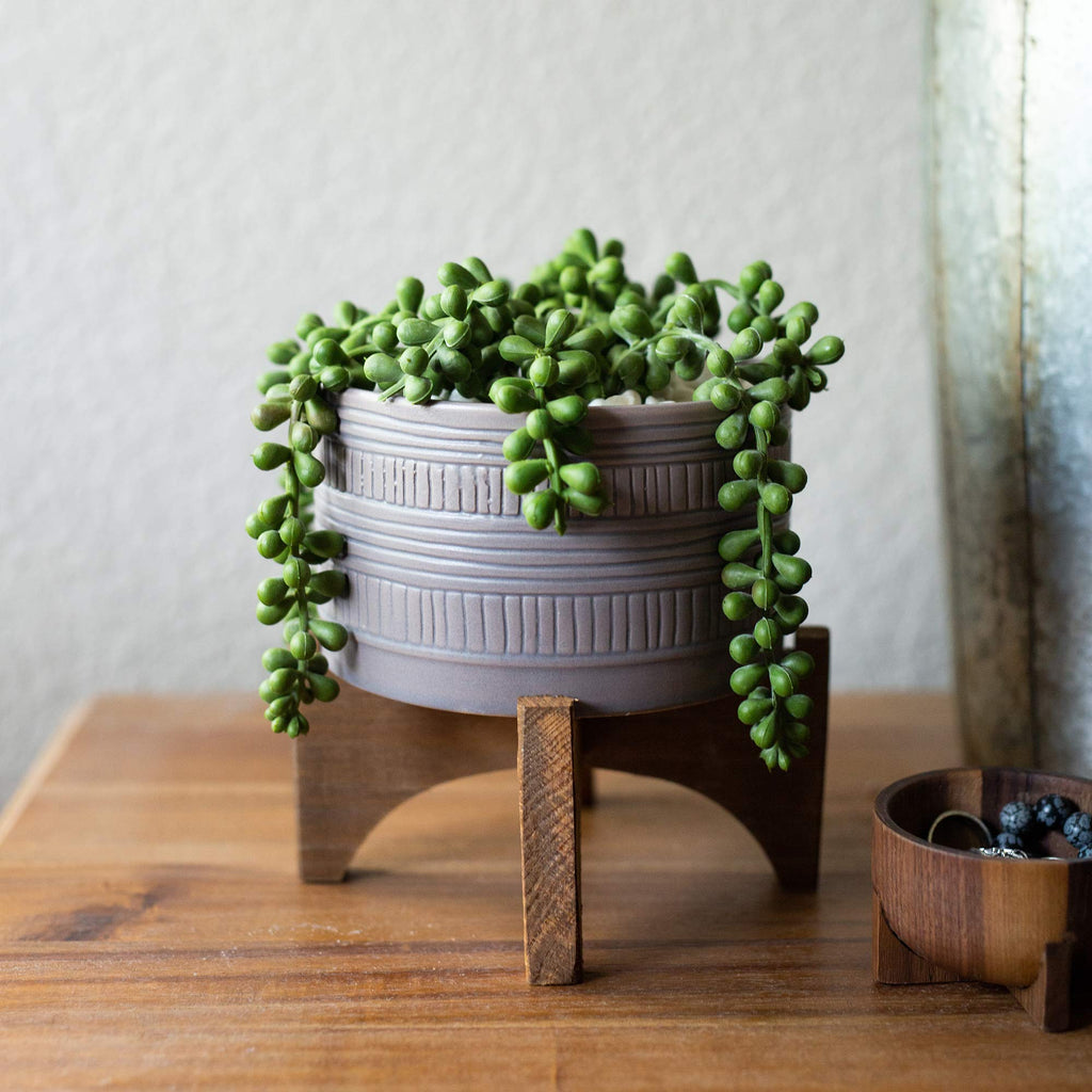 Mid-Century 5 Inch Pueblo Texture Planter on Wood Stand, Pueblo Dark Grey 5"