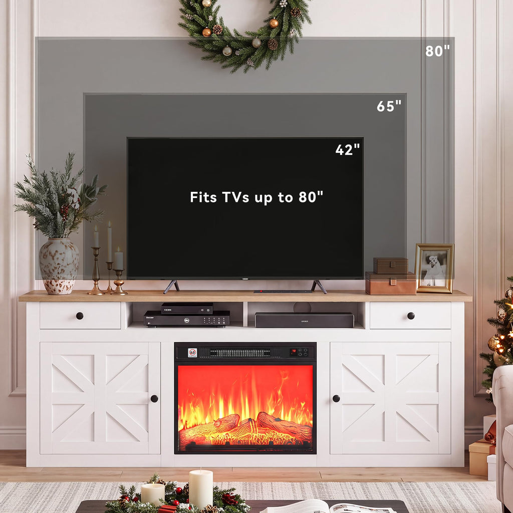 Farmhouse TV Stand with Fireplace for 75" TVs, White