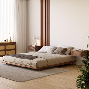 Japanese Style Queen Floor Bed Frame, 6.3" Low Profile Tatami Platform Bed with Carbon Steel Slats & Wood-Finished
