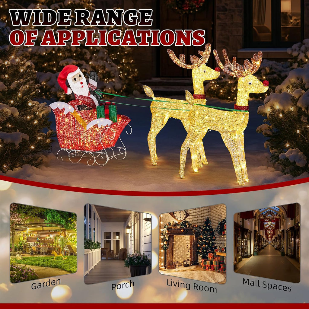 Christmas Lighted Reindeers with Santa Claus Sleigh Set 3FT, 270 LEDs 30V