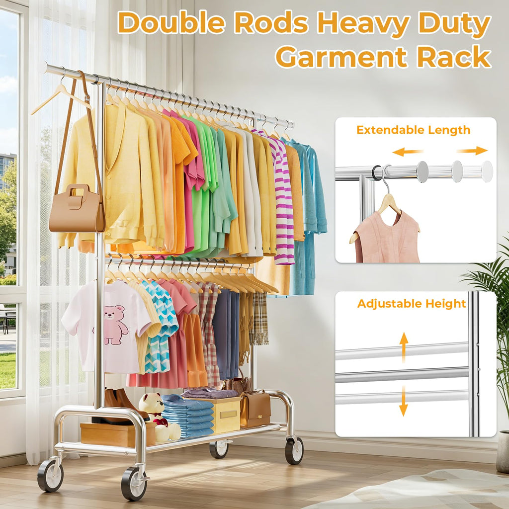 Heavy Duty Clothes Rack Load 860LBS, Double Rods Rolling Clothing Racks for Hanging Clothes, Rolling Garment Rack