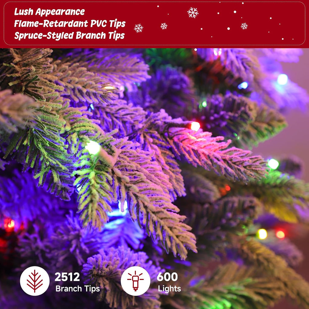 9ft 360° Rotating Pre-Lit Snow Flocked Christmas Tree, Built-in Music, Remote Control, 8 Light-Modes, White Christmas