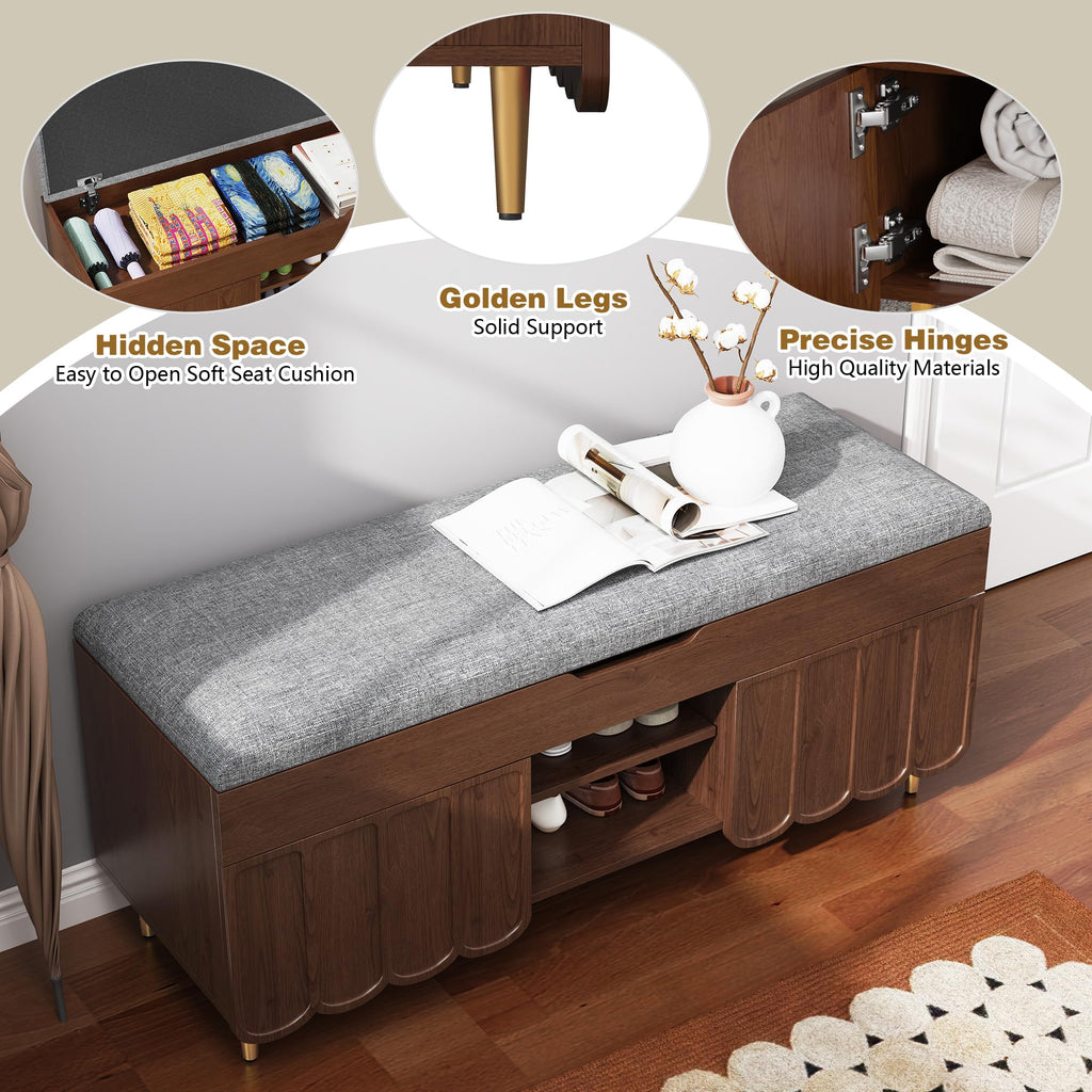 40" Upholstered Flip Top Entryway Shoe Bench, Walnut