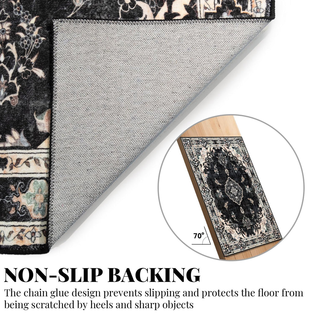 Black Runner Rug Washable 2x8 Area Rugs Non Slip Low-Pile Floral