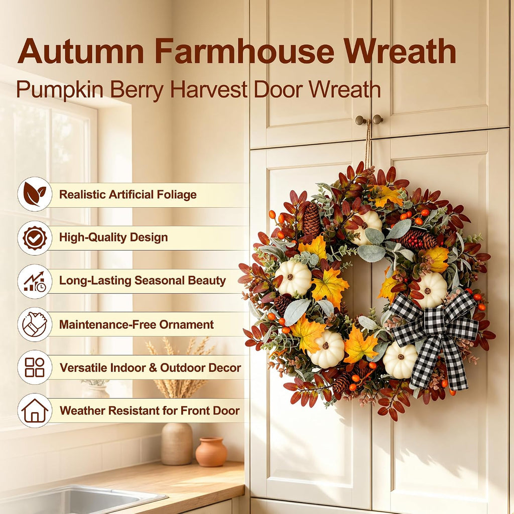 26" Fall Wreaths for Front Door Outside Pumpkin Autumn Wreath