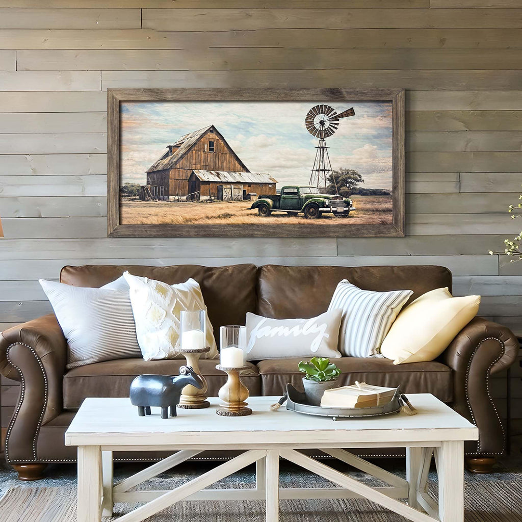 Rustic Farm Barn Wood Artwork: Large Framed Vintage Car Country Farmhouse Prints Wall Art Retro Truck Countryside