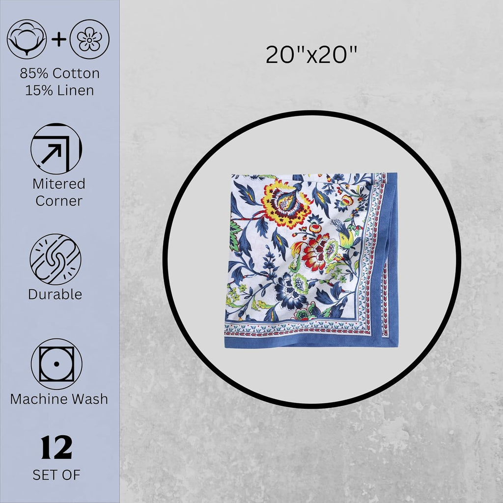 Cloth Napkins Set of 12 Cotton Linen, 20x20 Inch, Blue Floral | Mitered corner, washable, soft, absorbent, floral