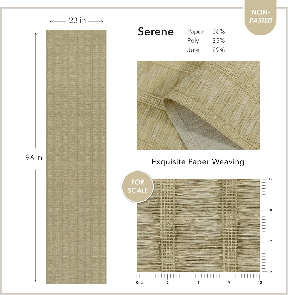 Jute Grasscloth Wallpaper, Serene | Boho Woven Wall Covering , Non-Pasted Single Roll, 23" W x 96" L