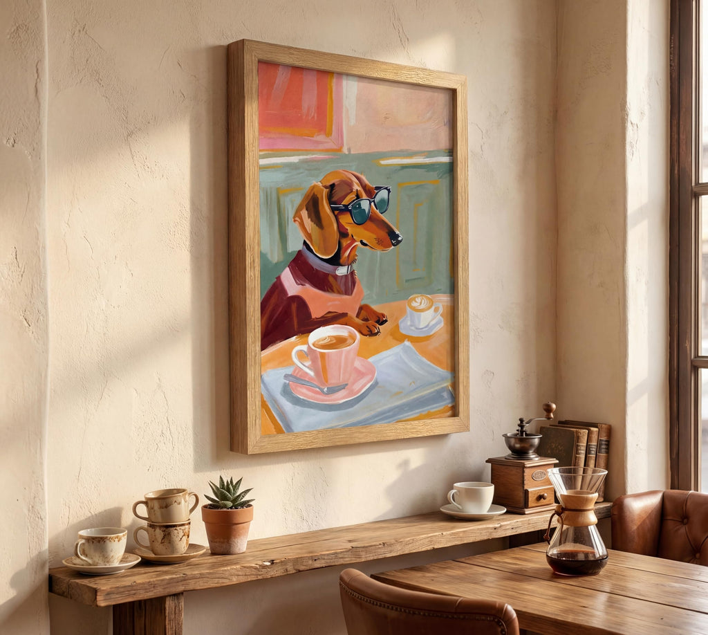 Framed Dachshund Wall Art Funny Dog with Sunglasses Drinking Coffee Poster Whimsical Wiener Dog Decor, Coffee Bar
