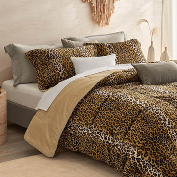 Petrichor Leopard Velvet Flannel Comforter Set-Cheetah Print Western Blanket,Luxury Fuzzy Heavy Bedding Set,3