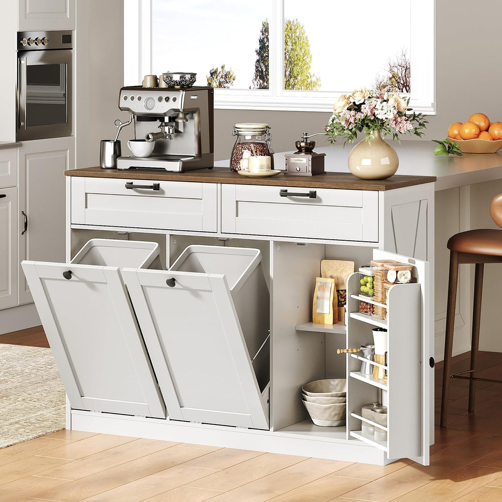 Double Tilt Out Laundry Hamper Cabinet, 43.3" Laundry Cabinet with 2 Removable Baskets, Farmhouse Wooden Hidden Trash