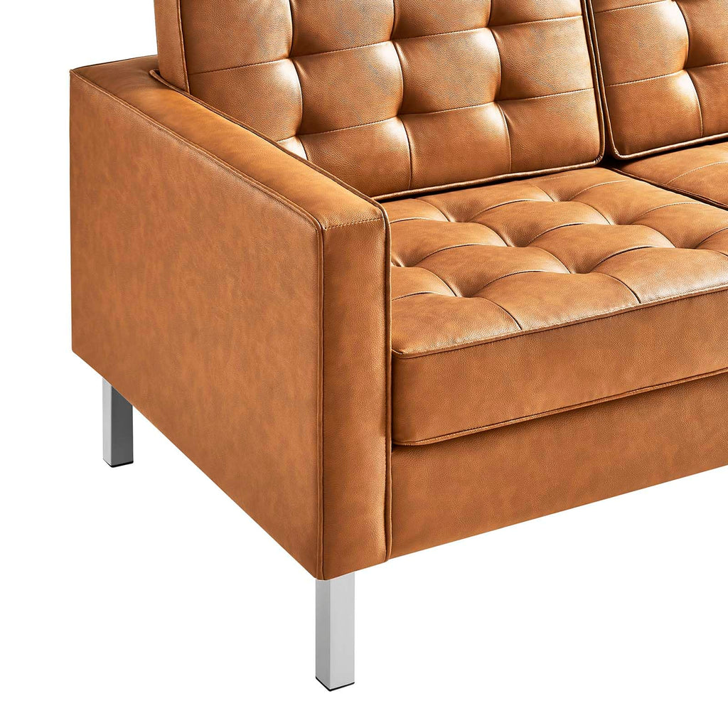 Loft Tufted Button Faux Leather Upholstered Sofa in Silver Tan