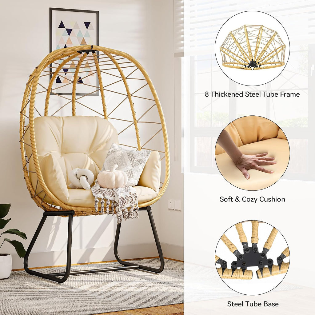 Egg Chair with Stand, Outdoor Egg Chair w/Premium PE Rattan Beige | 330lbs Egg Chair w/Weatherproof Rattan Weave &