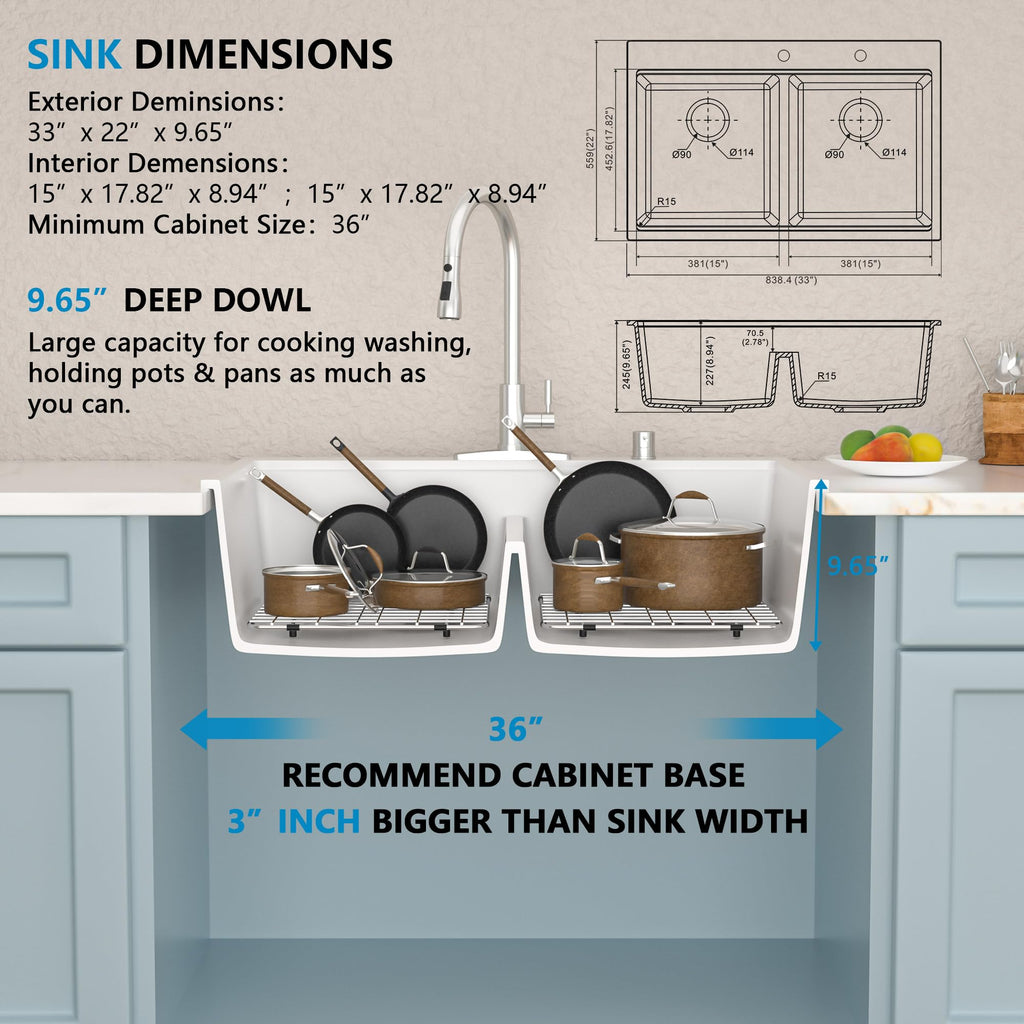 33"x22" Granite Composite Kitchen Sink Double Bowl 50/50 Split