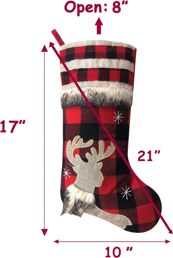 BRvieluck Christmas Stockings Set of 6 Buffalo Red Plaid with Soft Faux Fur for Family Fireplace Hanging Large 20