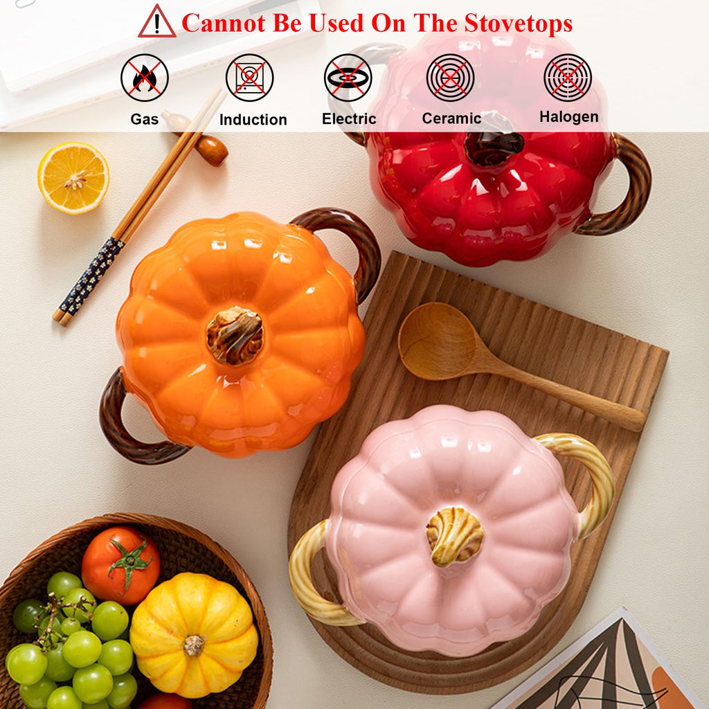 Pumpkin Soup Bowl, 64oz Ceramic Pumpkin Pot with Lid (Pink)