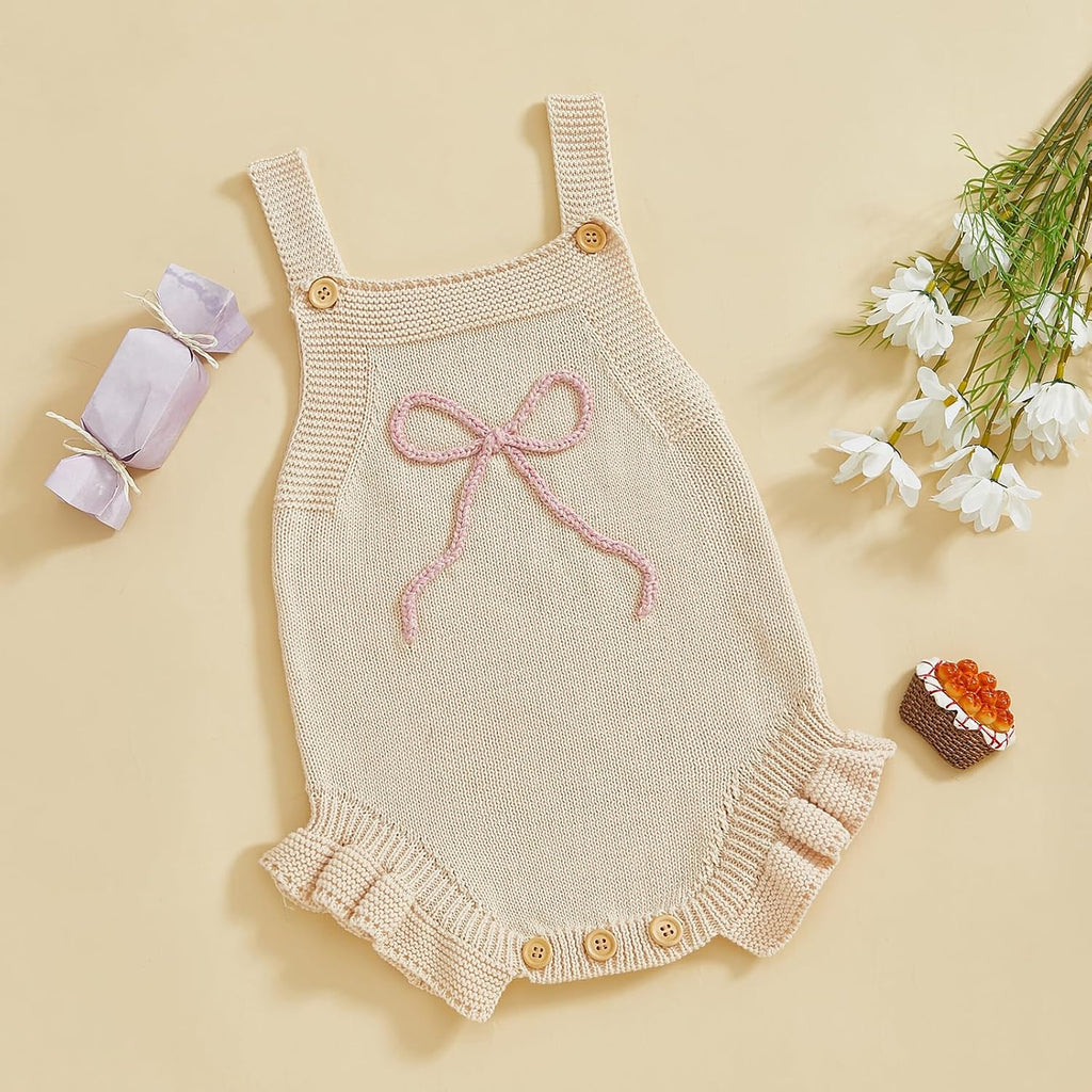 Newborn Baby Girl Clothes Bow Embroidery Romper Sleeveless Knit Romper Jumpsuit Sweater Bodysuit One-Piece Outfit