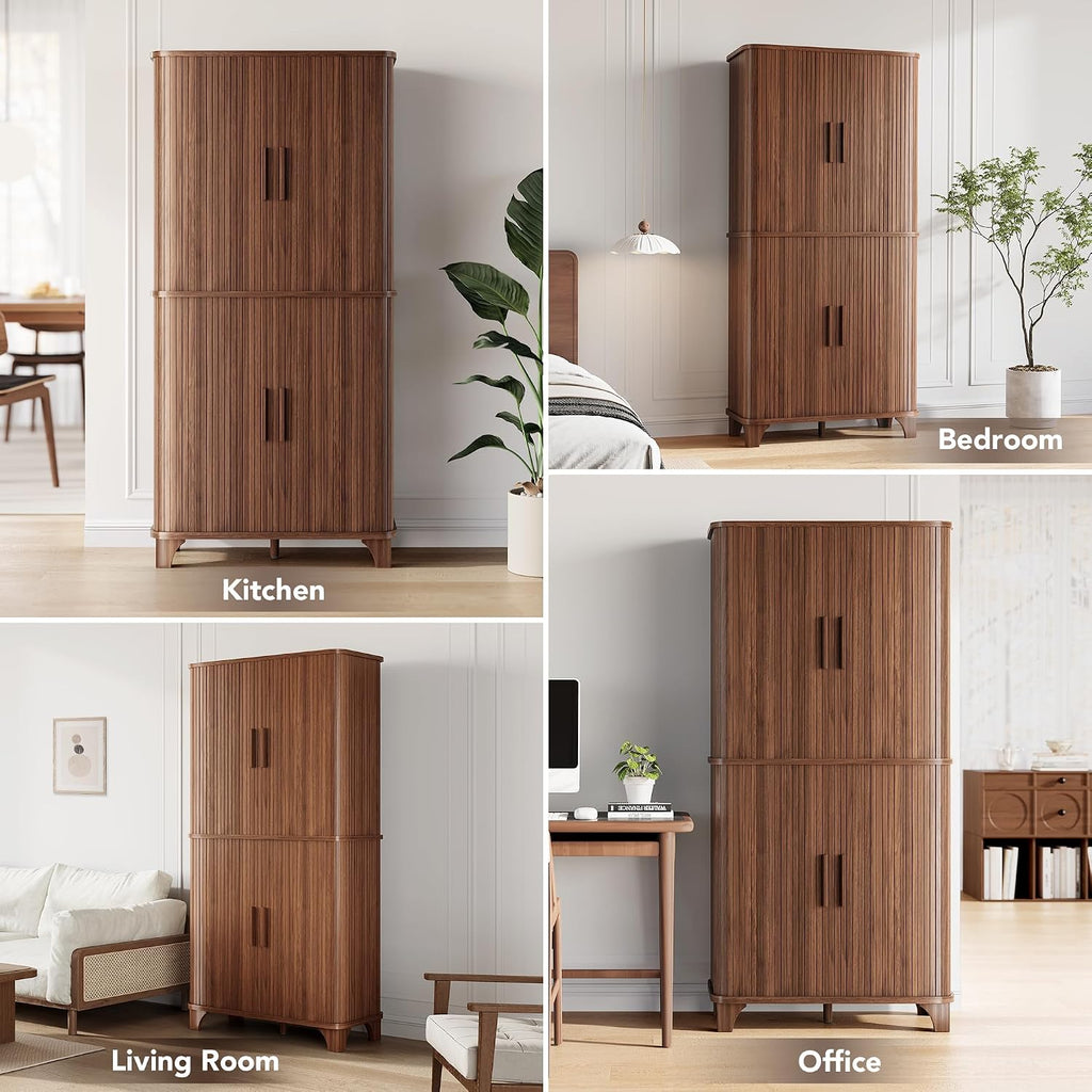 69" Tall Kitchen Pantry Storage Cabinet with Sliding Door, Modern Curved Edge Pantry Storage Cabinet with 5 Shelves