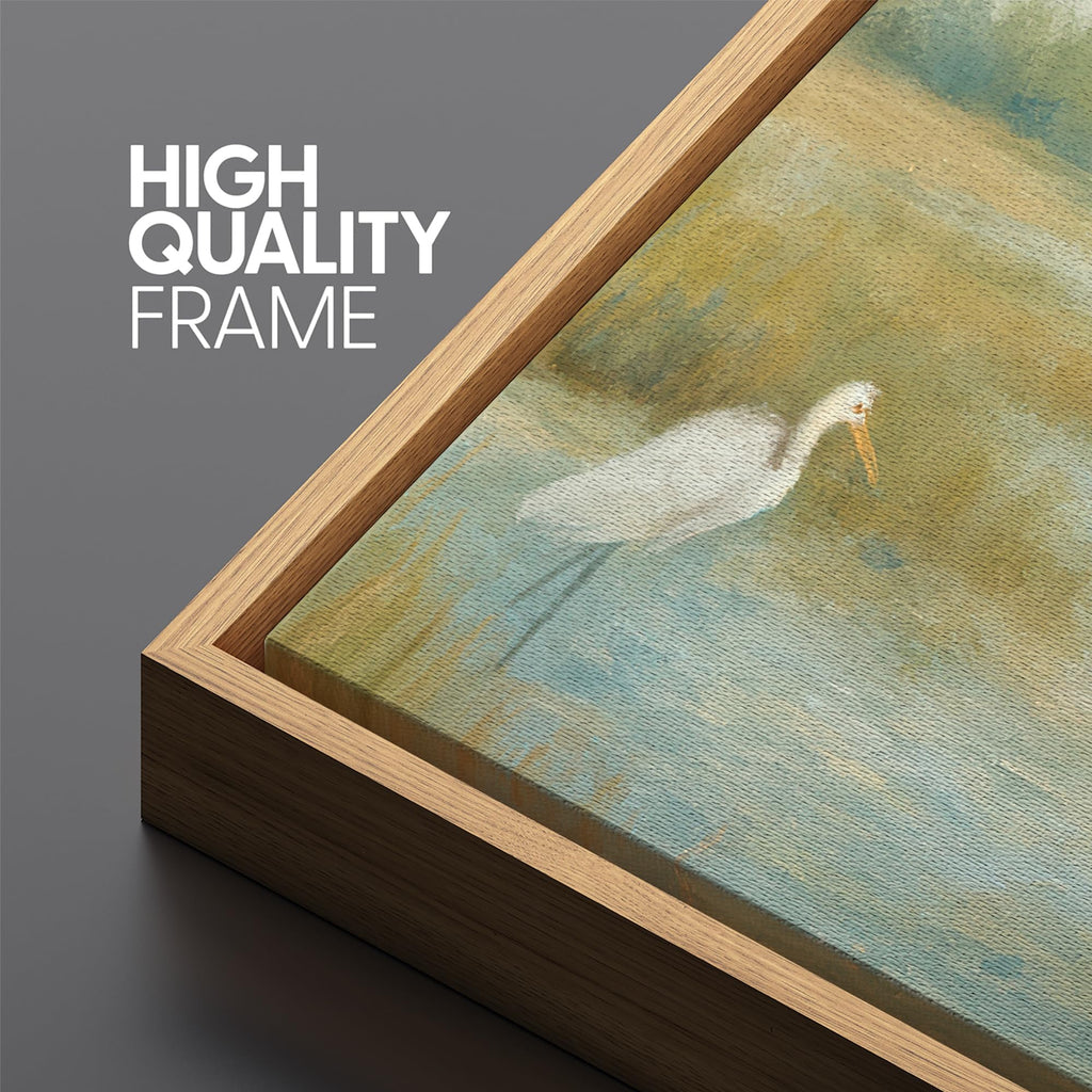 Large Framed Canvas Print Wall Art Coastal Marsh Egret Landscape Tranquil Wetland Illustrations Decorative Multicolor