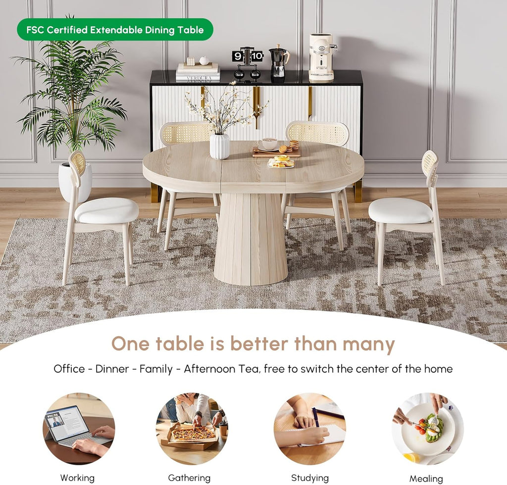 Extendable Dining Table Round-to-Oval 39"-55" with Pedestal Base - Seats 4-6, Wash White Finish, Smooth Rounded Corners