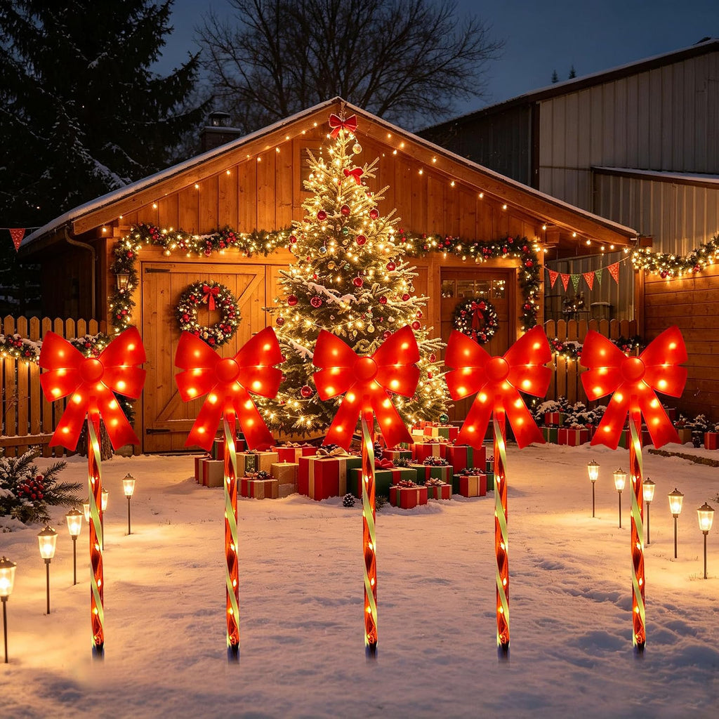 Outdoor Christmas Decorations Solar Pathway Lights, Set of 5 Red Bow Candy Stake Lights, Waterproof Solar Christmas