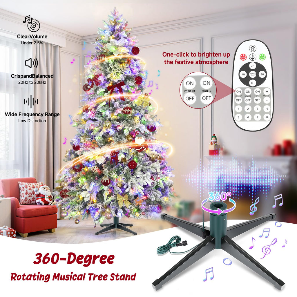 6.5ft Pre-Lit Flocked Christmas Tree with 360° Rotation, Remote Control, Warm White & Multi-Color Lights, Built-in