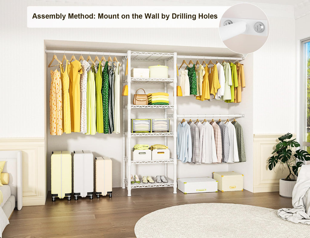 M5 Wall Mounted Clothes Garment Rack, Heavy Duty Closet Storage and Organizer with 6 Shelves and 3 Expandable Hanger