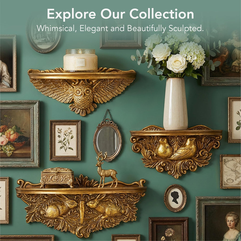 Antique Gold Vintage Ornate Resin Owl Bird Manor Floating Wall Mounted Shelf - Shabby Chic Baroque Decor Ledge for