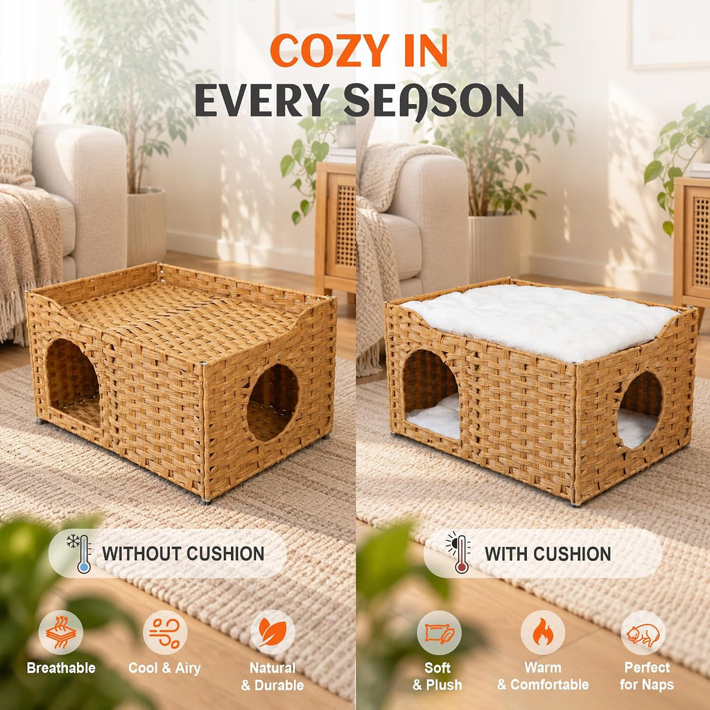 Wide Handwoven PE Rattan Cat House, Large Indoor Cave with Cushion