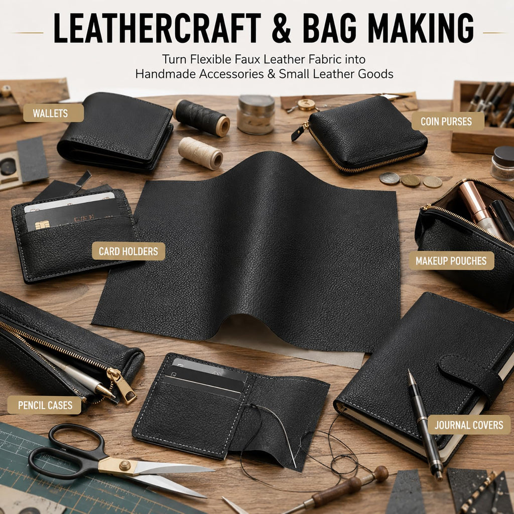 Black Faux Leather Fabric, Lychee Grain Vinyl for Upholstery